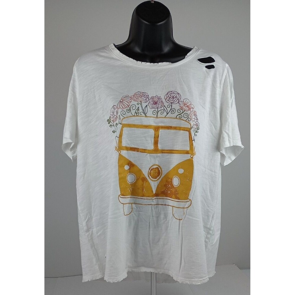 Cato Women's Size 18/20W Yellow Volkswagen Van Front Flowers White T-Shirt Tee
